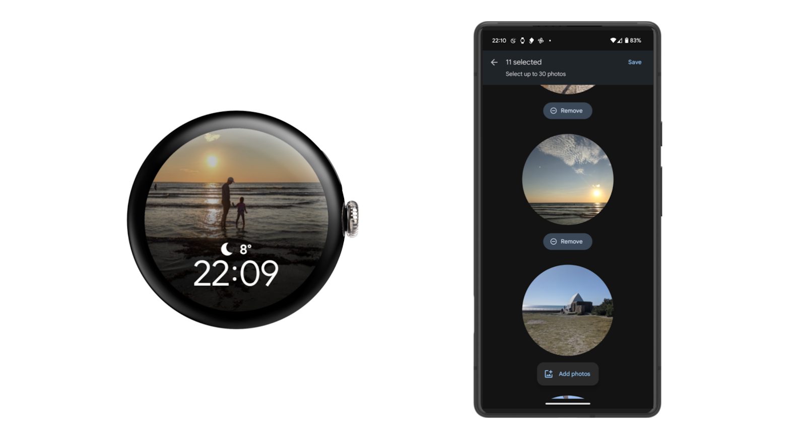 a wearable device and small screen mobile device side by side demonstrating how a user may configure photos for the watch face through the Companion app on the mobile device