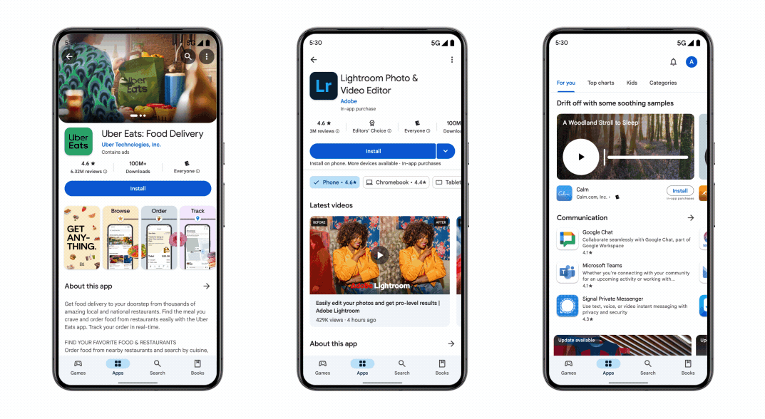 a moving image of three mobile devices displaying how content is displayed on the Play Store