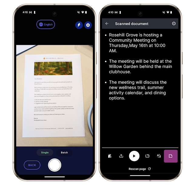 side by side images of a mobile device showing a document on a table on the left, and the results of the scanned document on the right showing details providing the what, when, and where as written in the document