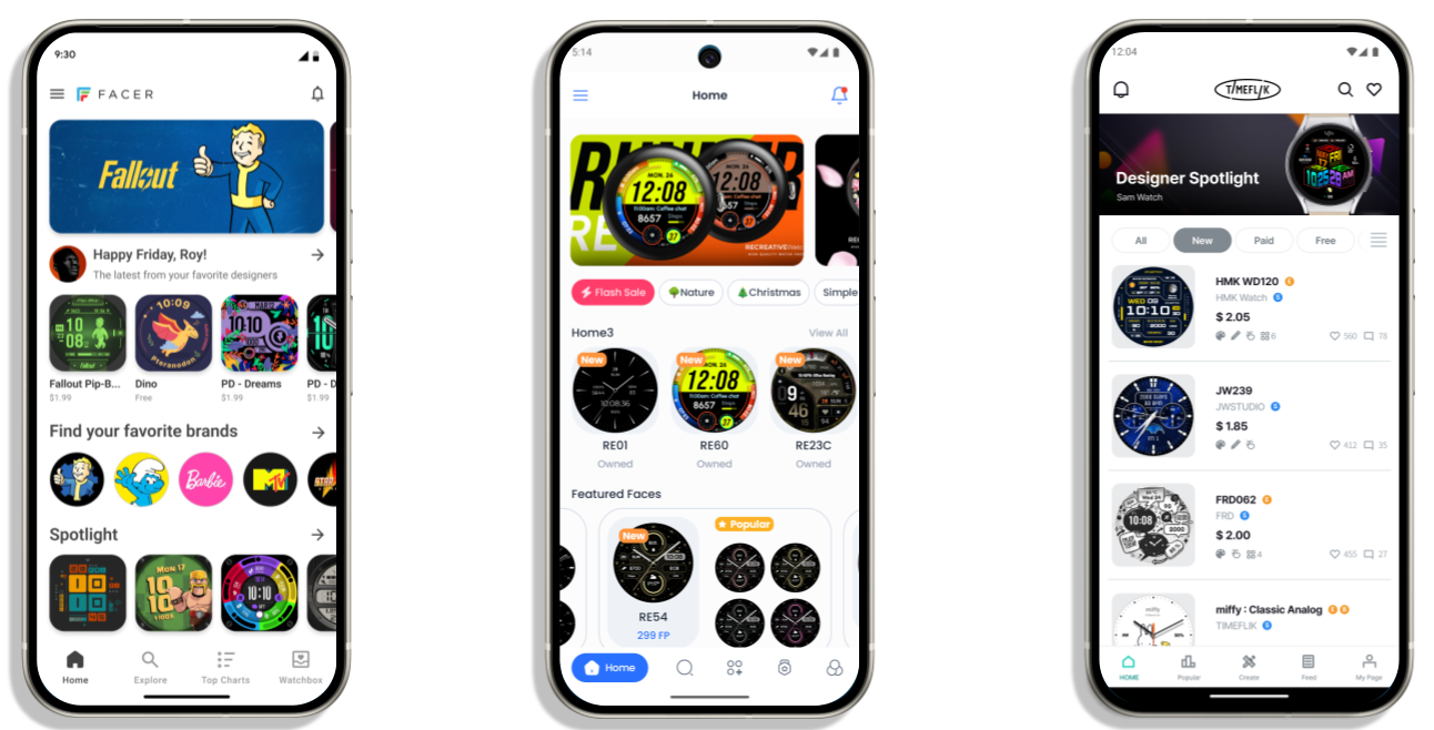 Three mobile devices representing watch face marketplace apps for watches running Wear OS 6