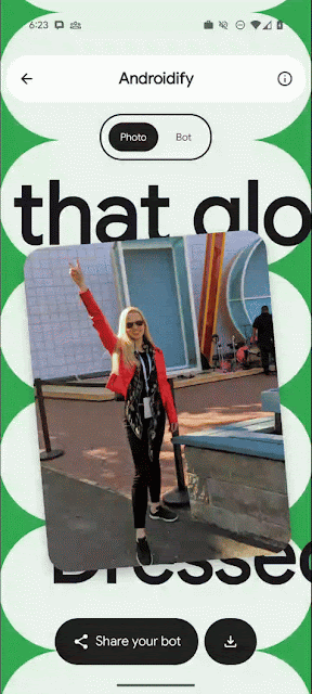 moving image of the Androidify app on a mobile device, showing a fair-skinned woman with blond hair wearing a red jacket with black shirt and pants and a pair of sunglasses converting into a 3D image of a droid with matching skin tone and blond hair wearing a red jacket with black shirt and pants and a pair of sunglasses