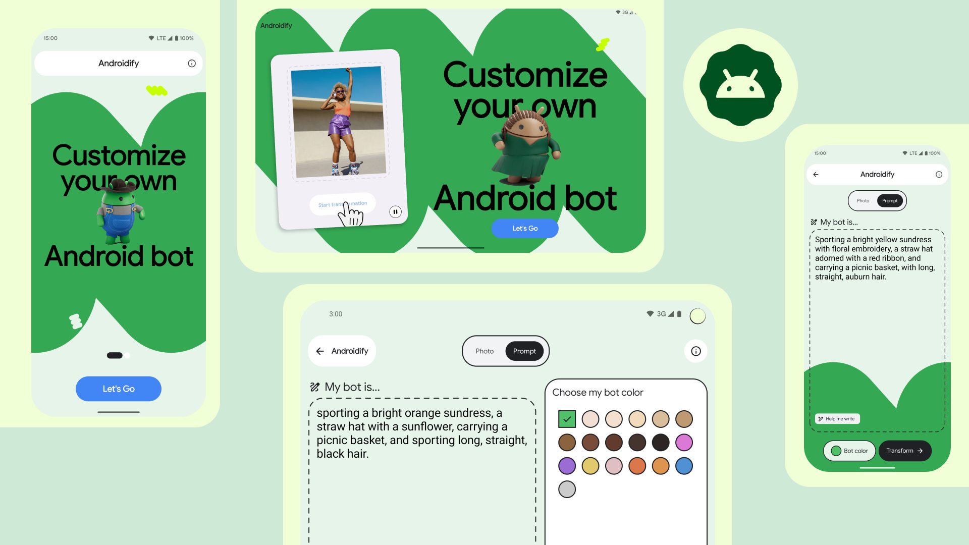 a collage of different adaptive layouts for the Androidify app across small and large screens