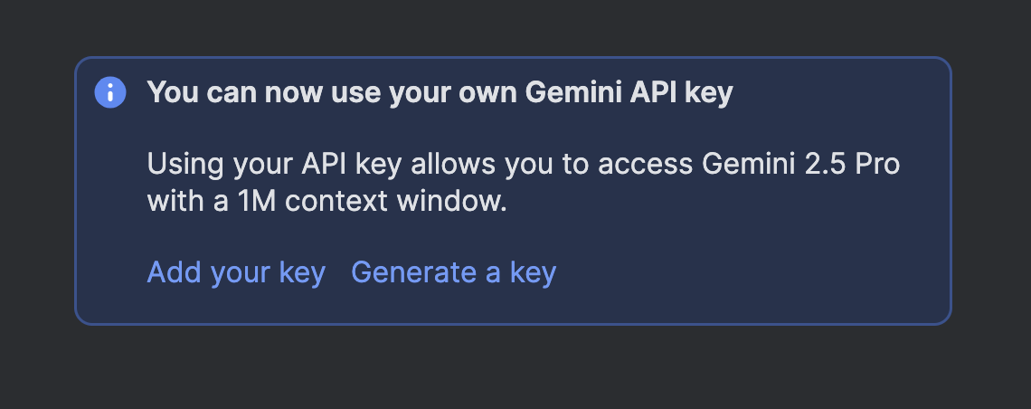 screenshot of Gemini API key prompt in Android Studio