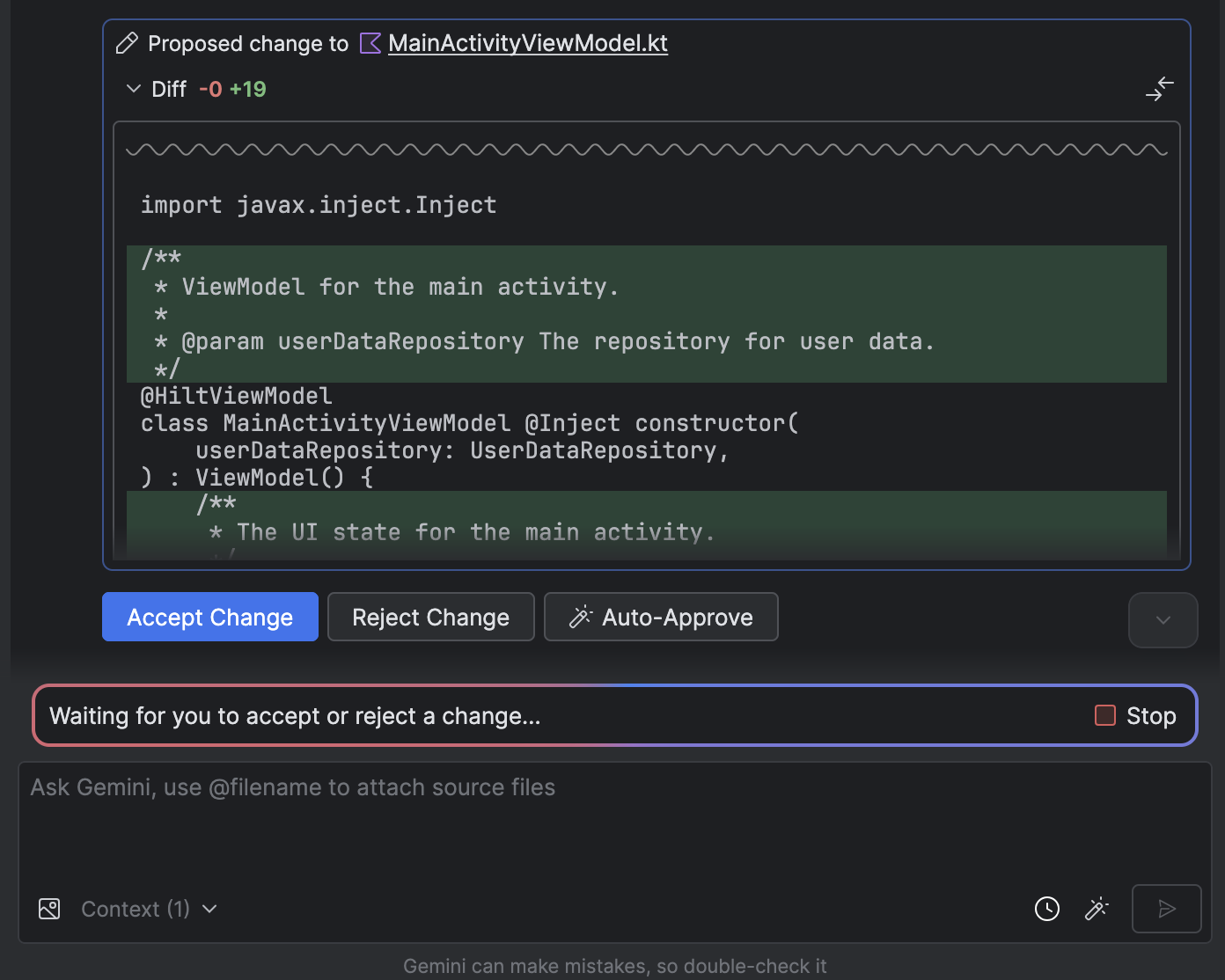 screenshot of Gemini in Android Studio showing the Agent prompting the user to accept or reject a change