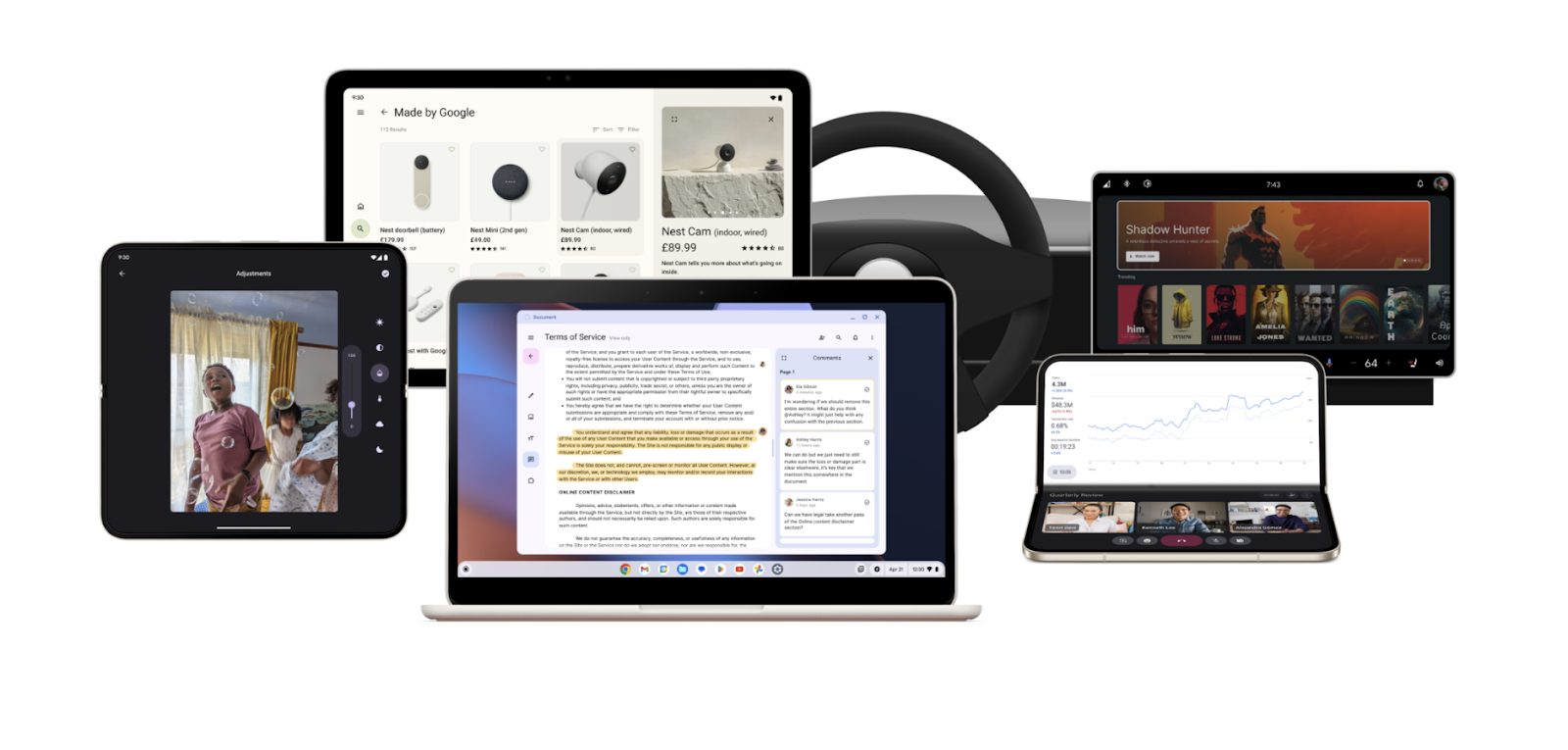 A display of varying Android form factors, including a tablet, a desktop monitor, a laptop, a large-screen mobile, hand-held device, and an in-car app screen