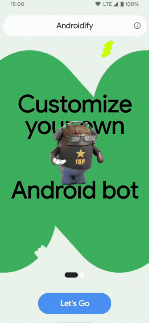 moving image showing the conversion of an image of a woman in a pink dress holding na umbrella into a 3D image of a droid bot wearing a pink dress holding an umbrella
