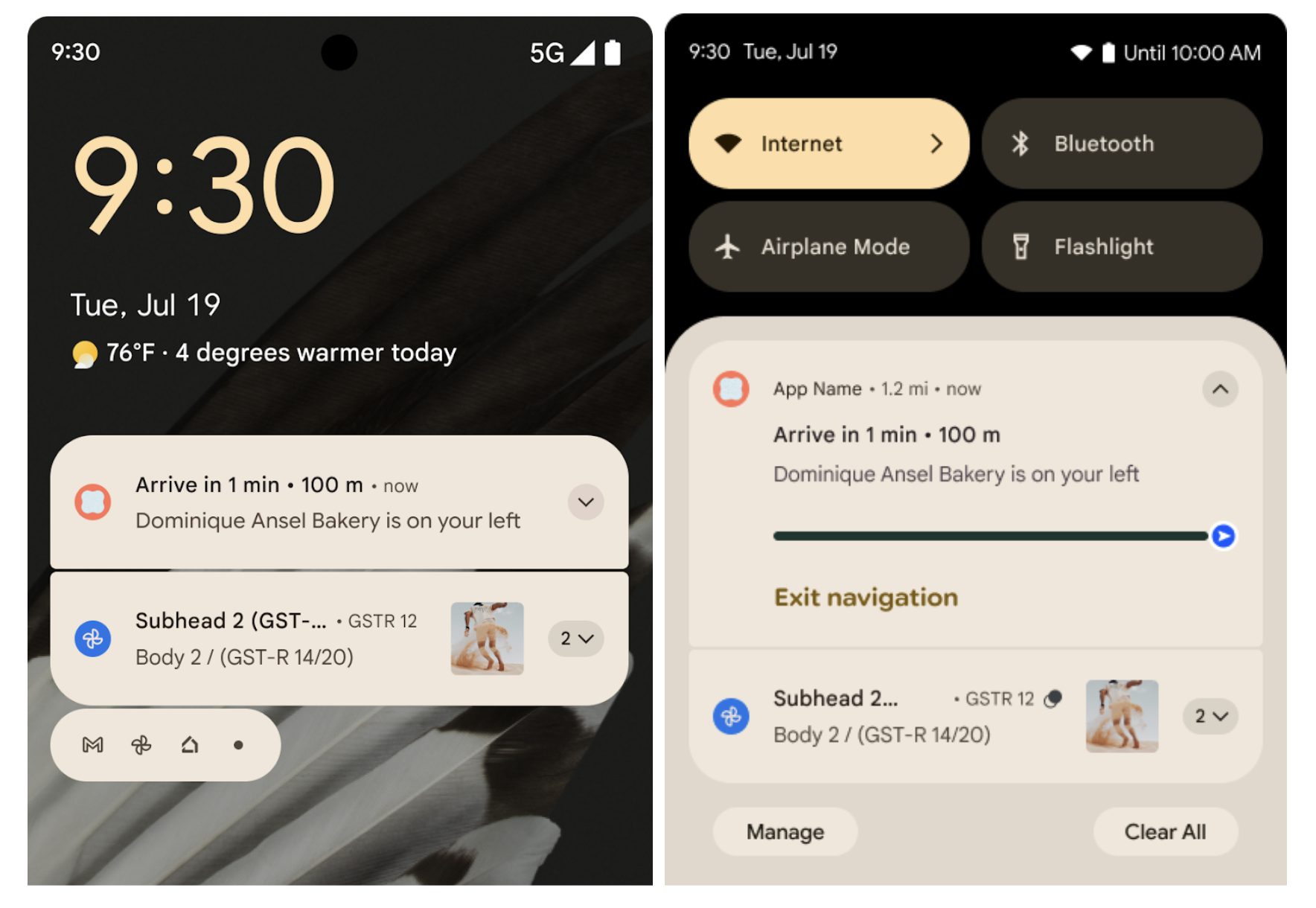 side-by-side screenshots of a Pixel device showing progress notifications on the homescreen on the left and the updated progress notification in the notification menu on the right