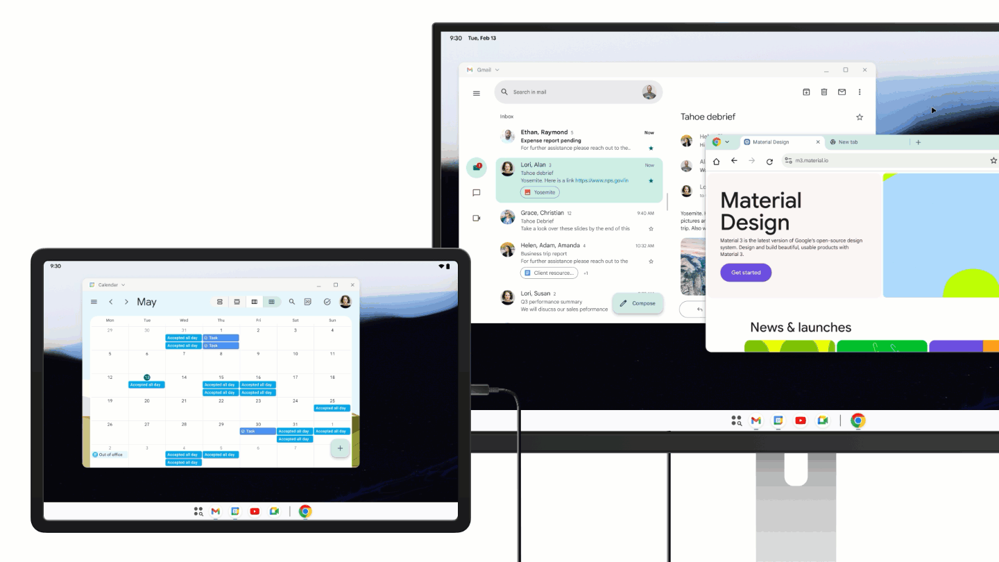 moving image of a tablet connected to an external display, extending the desktop session across both displays.