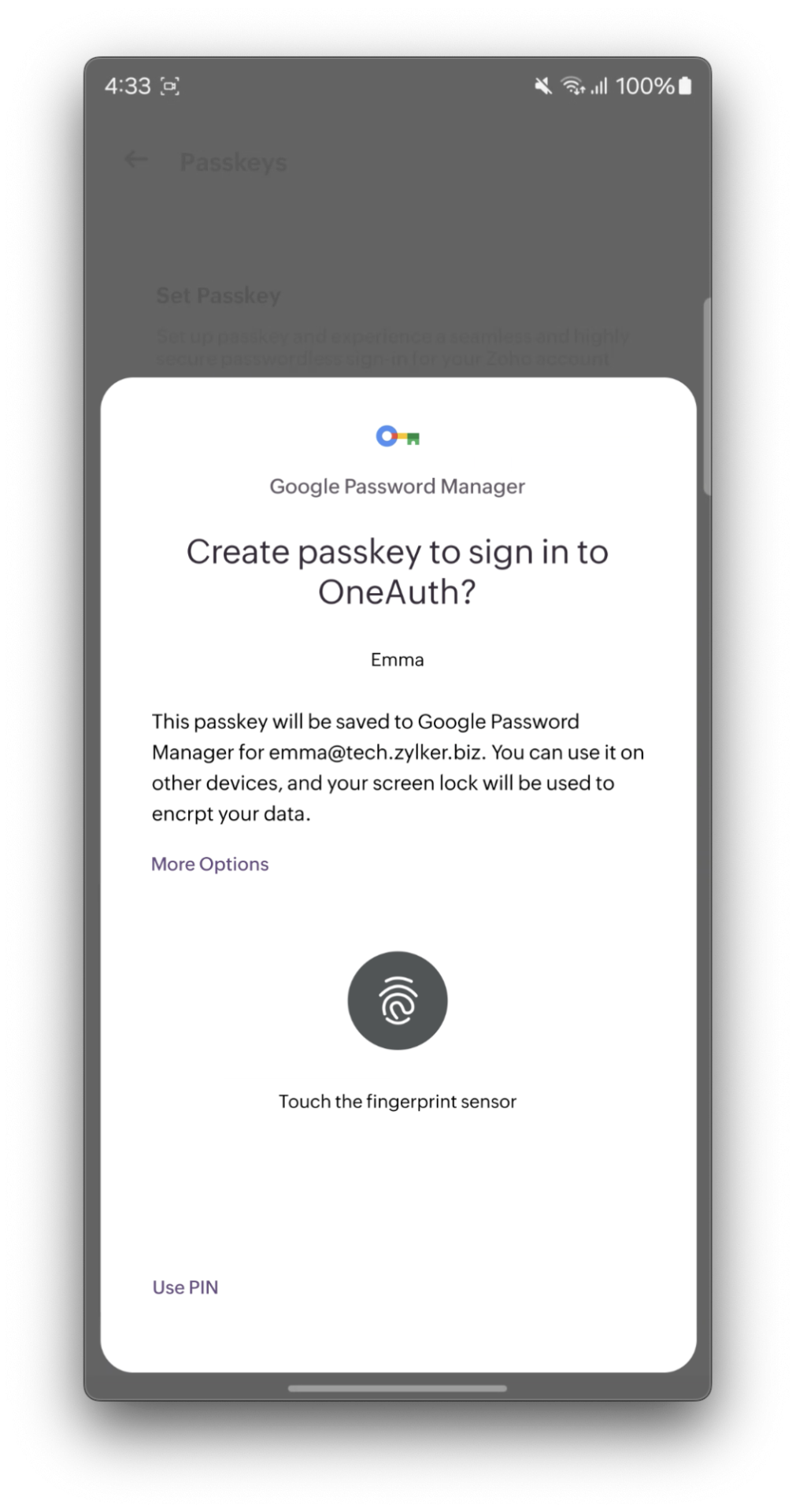 Passkey creation in OneAuth on a small screen mobile device