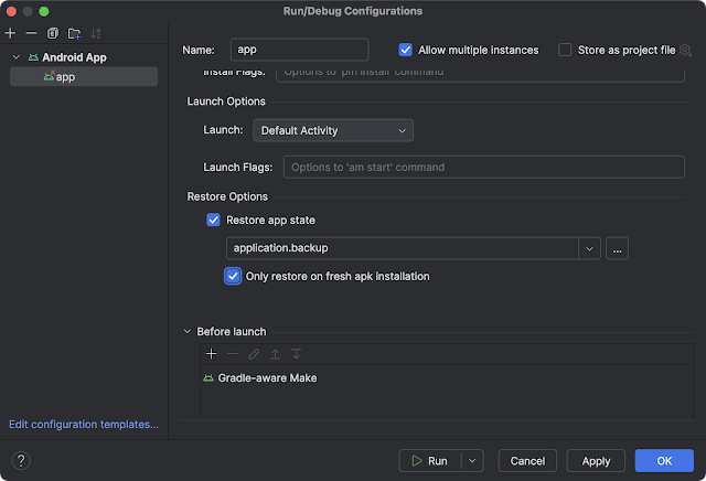 Streamlined testing with backup and restore support in Android Studio