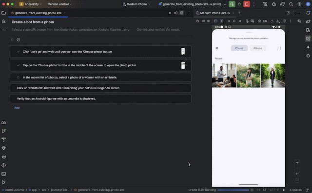 moving image of Gemini testing an app in Android Studio