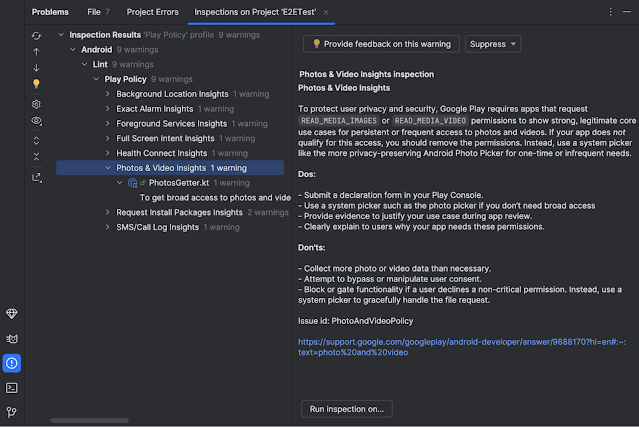 a screenshot of Play Policy Insights in Android Studio