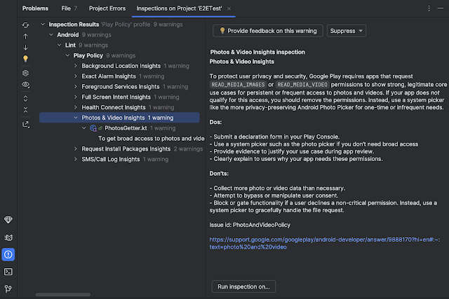 Play Policy Insights beta in Android Studio