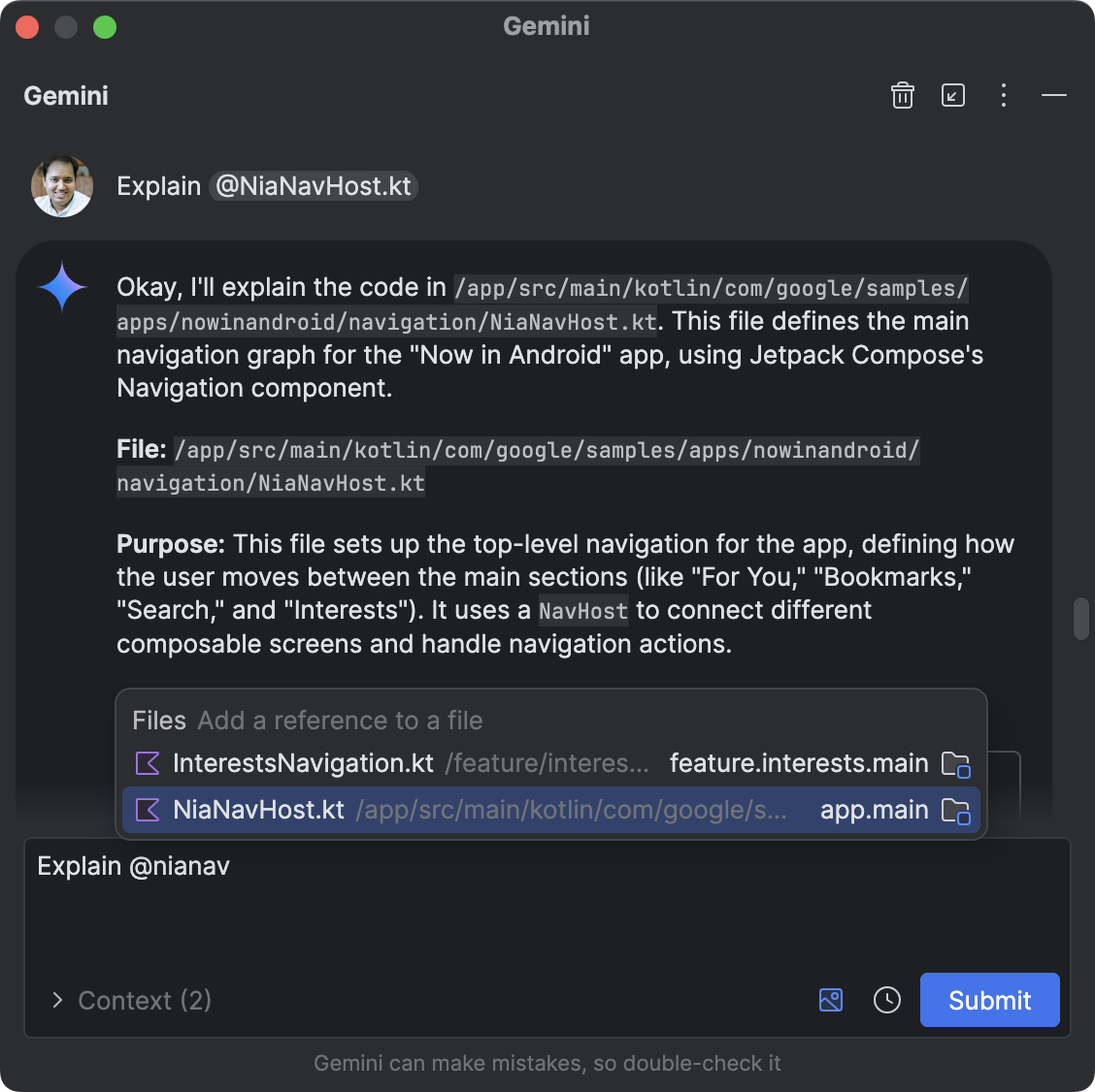 screenshot of @File context in Gemini in Android Studio
