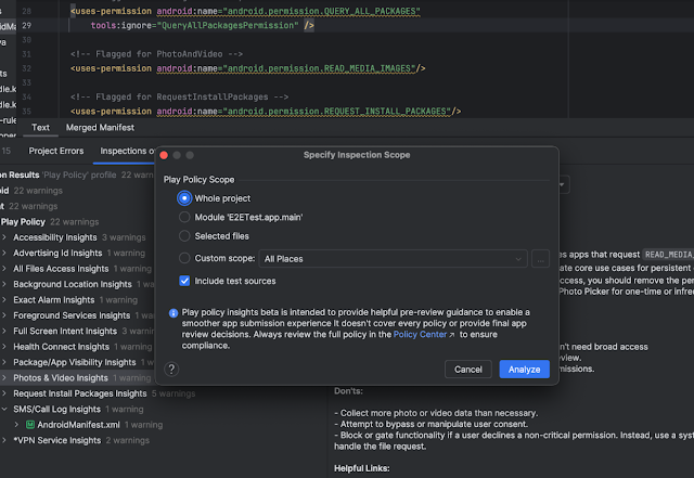 a screenshot of Specify Inspection Scope menu in Play Policy Insights in Android Studio