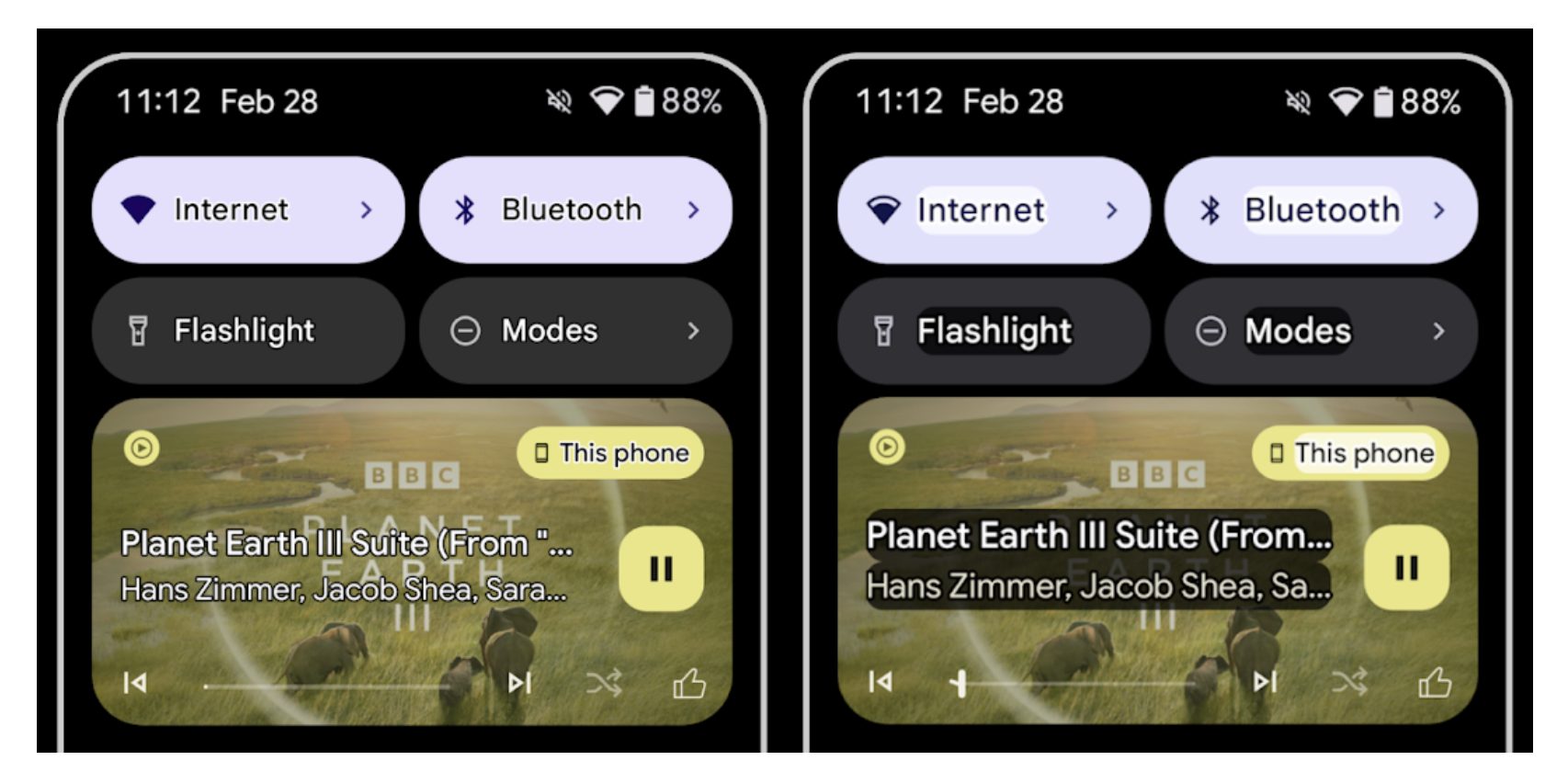 side-by-side screenshots of a Pixel device showing text with enhanced contrast before and after Android 16's new outline text accessbility feature