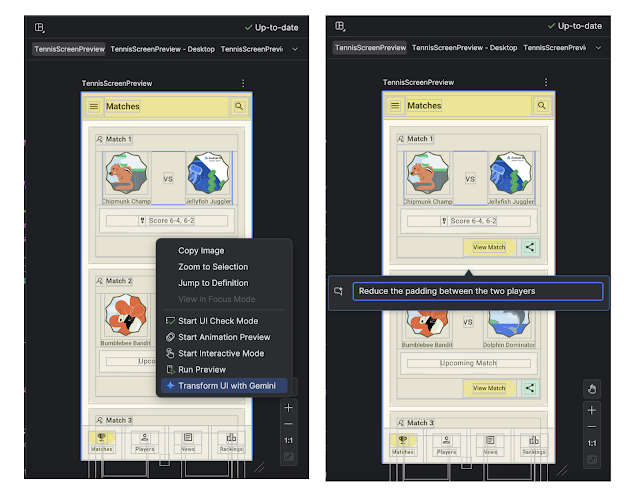 side by side screenshots showing transforming UI with Gemini in Android Studio