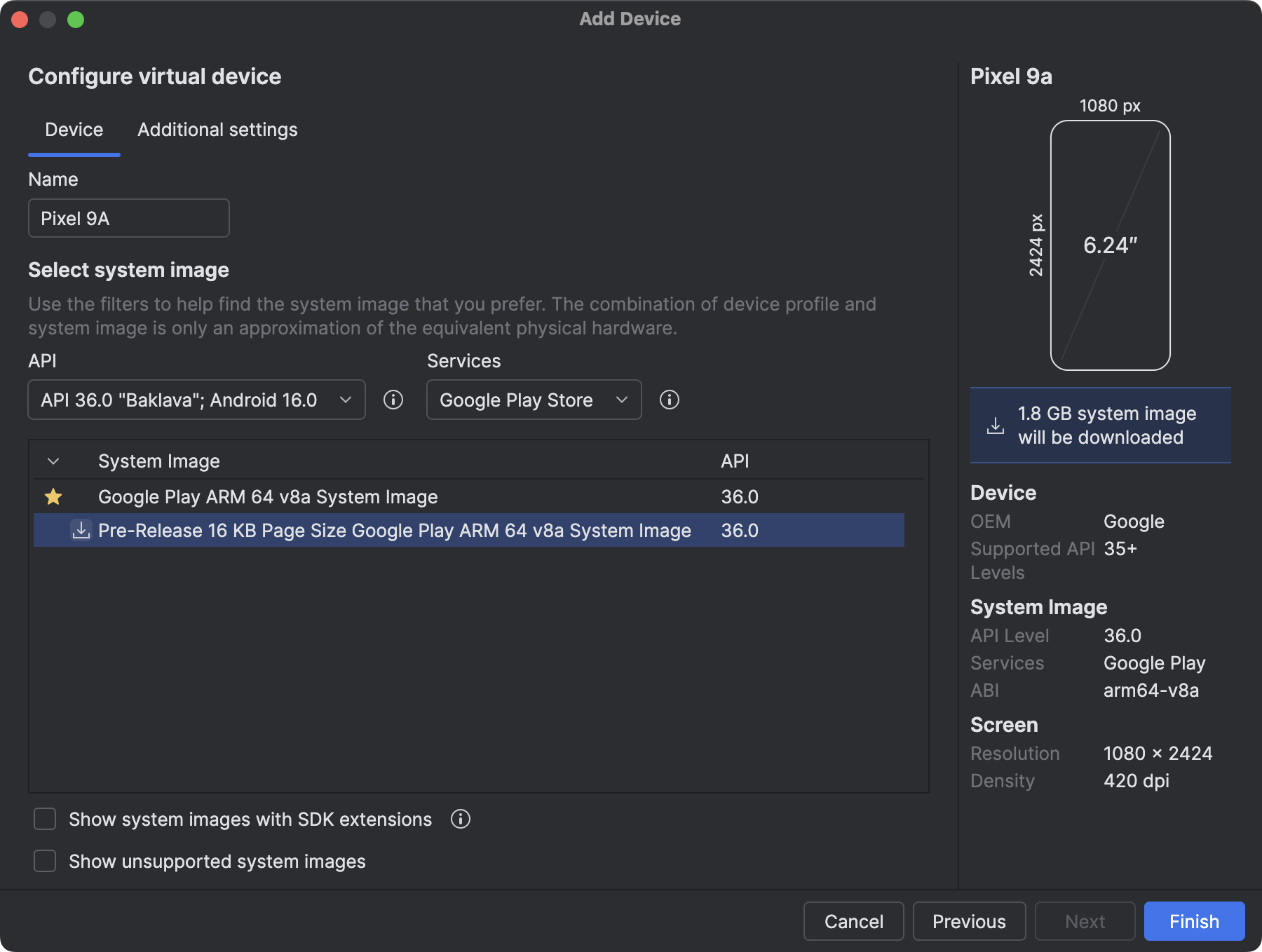 Screenshot of the 16 KB emulator in Android Studio
