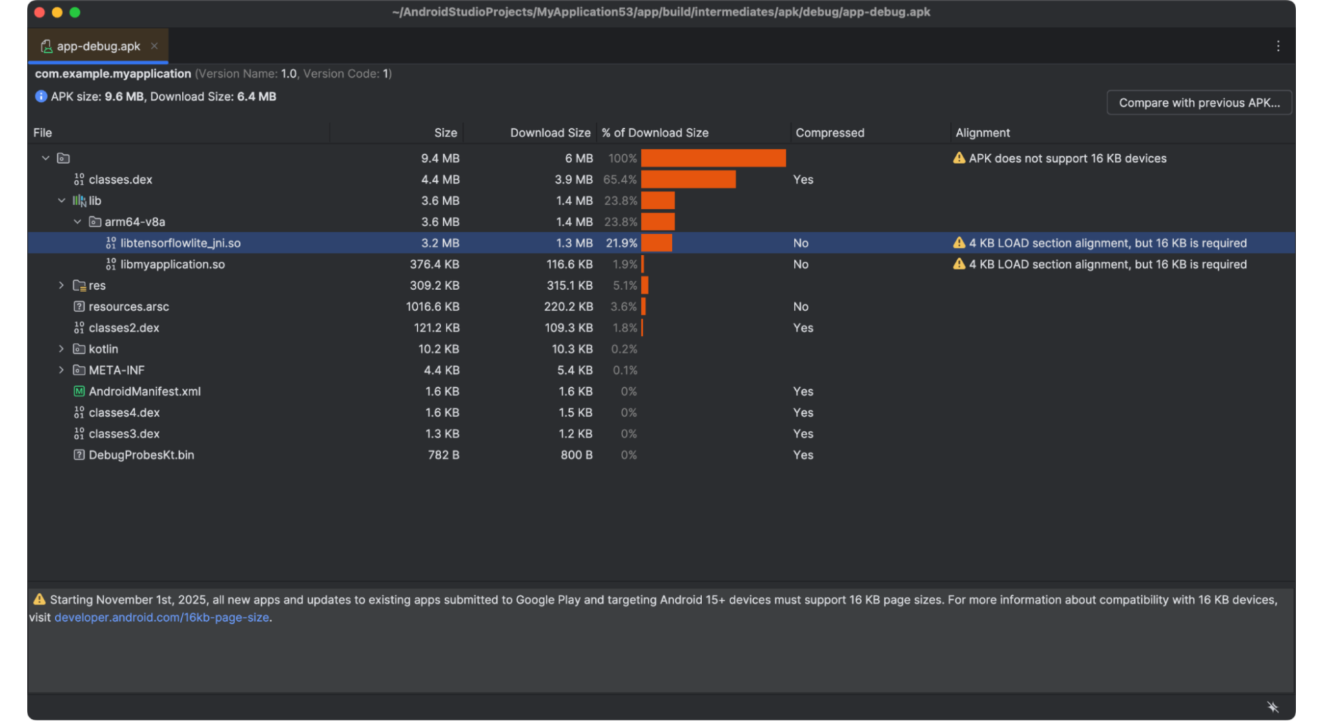 Screenshot of the APK Analyzer in Android Studio
