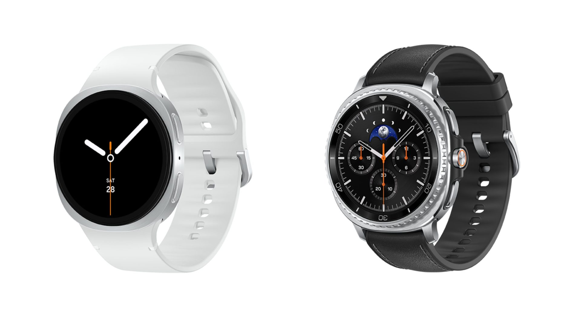 side by side images of Samsung's Watch8 Classic LTE 44mm in Silver on the left and Watch8 Classic LTE 46mm in Black on the right