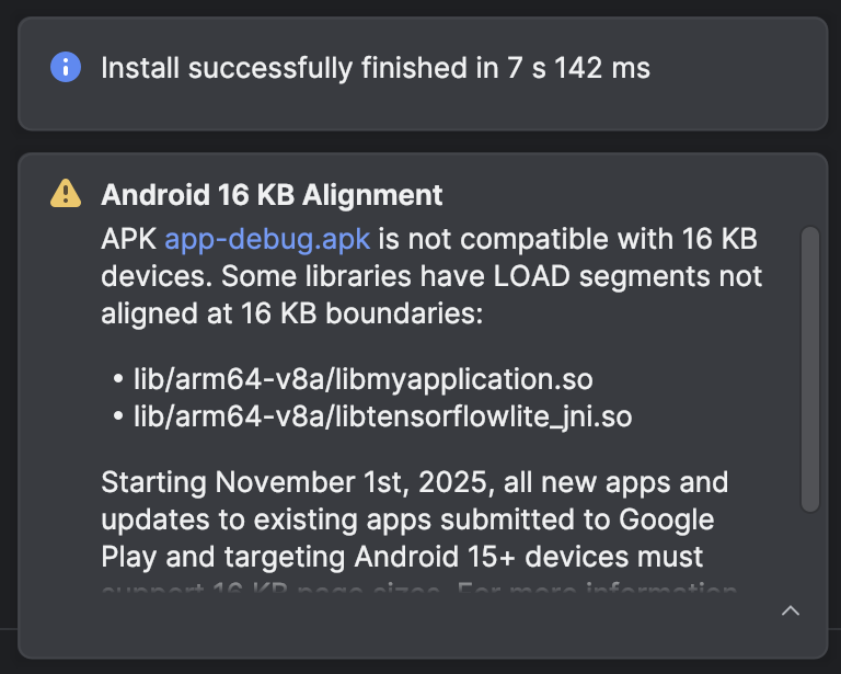 Screenshot of Android 16 KB Alignment check in Android Studio