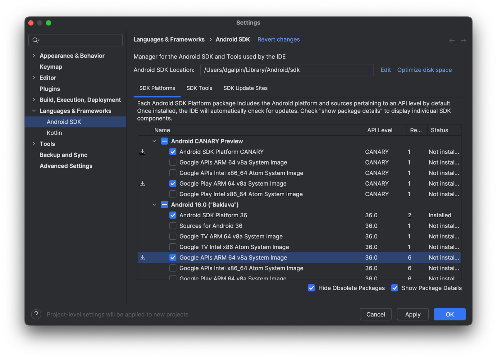 screenshot of the Android SDK manager showing the Android Canary SDKs