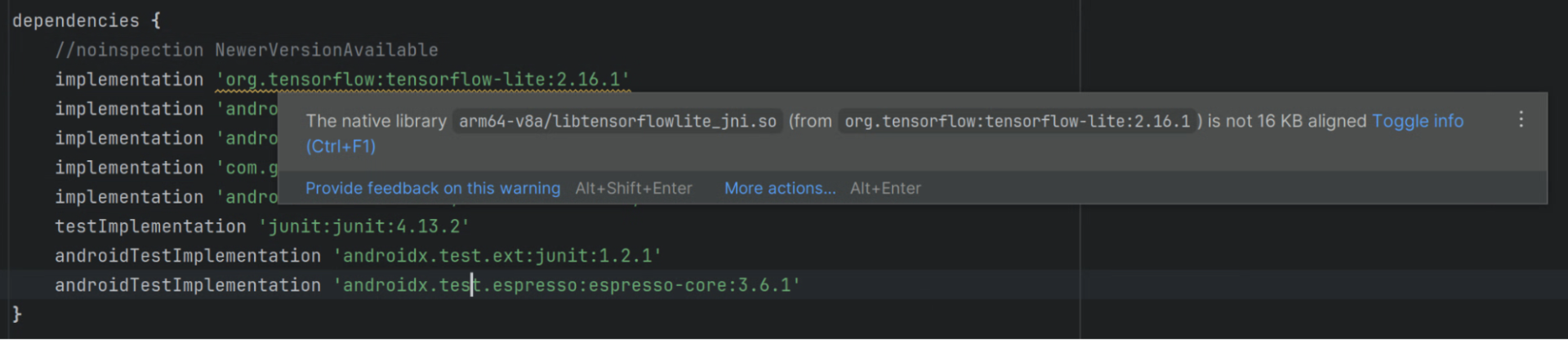 Screenshot of Lint performing a 16 KB alignment check in Android Studio