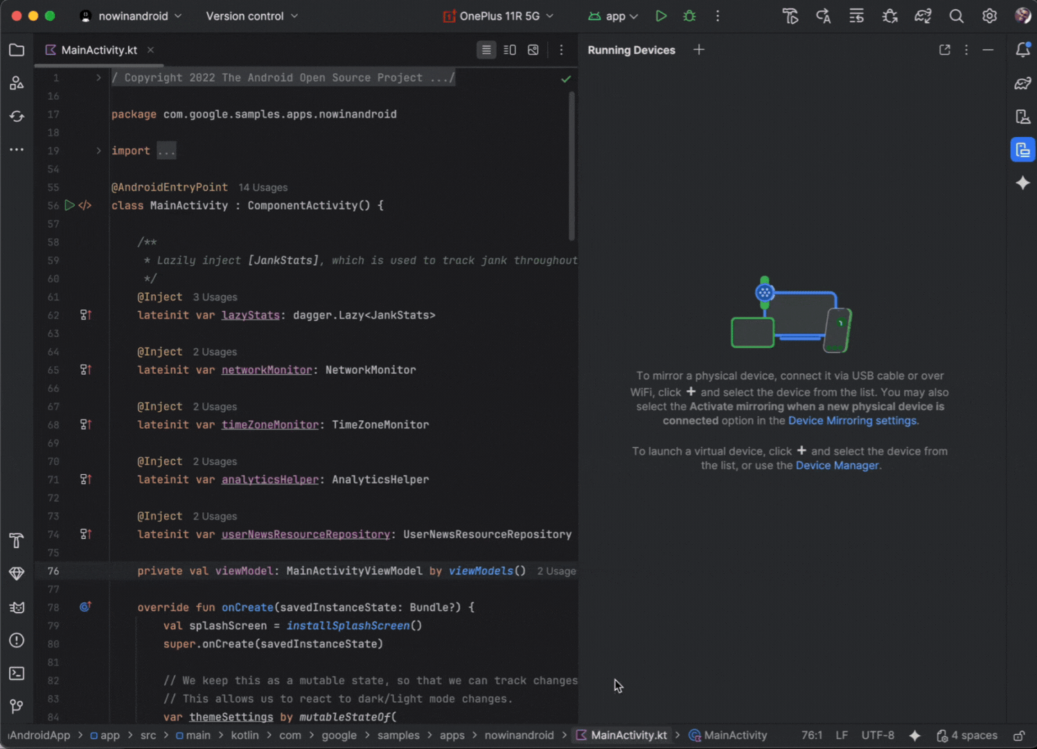 moving image of Android Device Streaming functionality in Android Studio Narwhal Feature Drop
