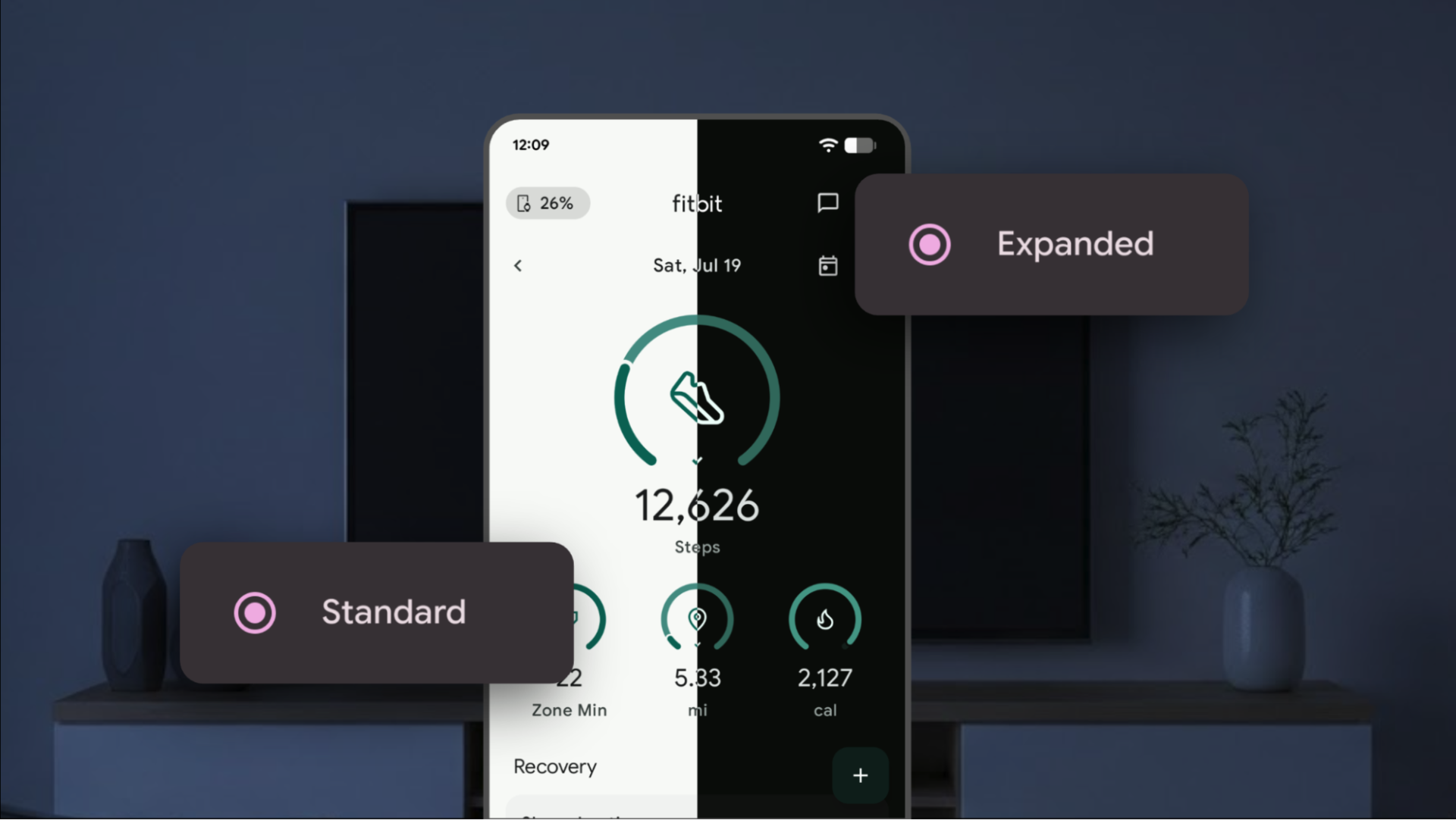 A split image showing standard light theme on the left and expanded dark theme on the right on a pixel device