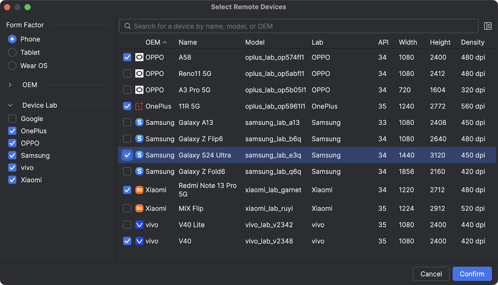Android Partner Device Labs featuring a fleet of physical devices from our OEM partners, including OPPO, OnePlus, Samsung, Xiaomi, and vivo, in Android Studio Narwhal Feature Drop