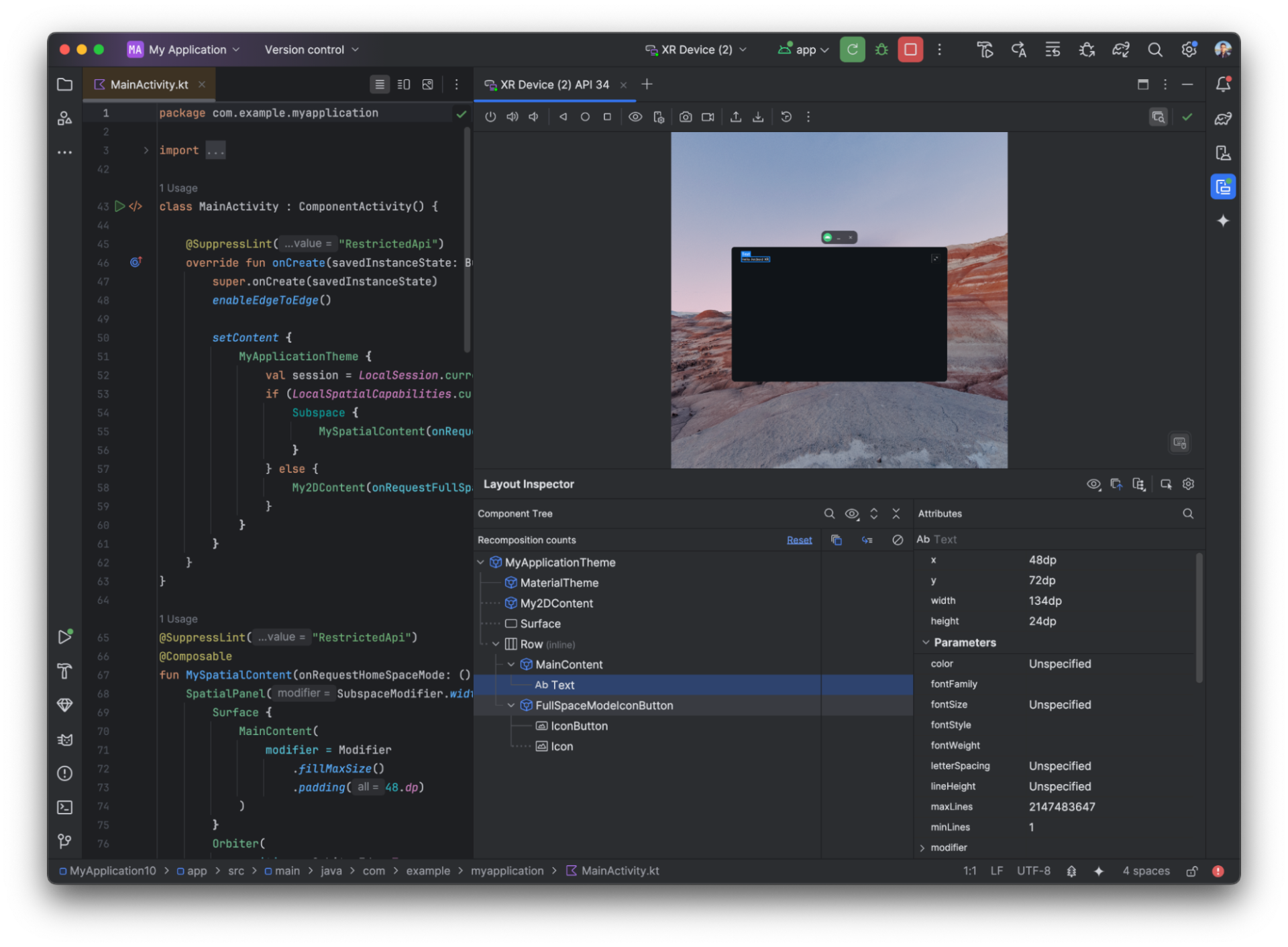 Embedded Layout Inspector for XR in Android Studio