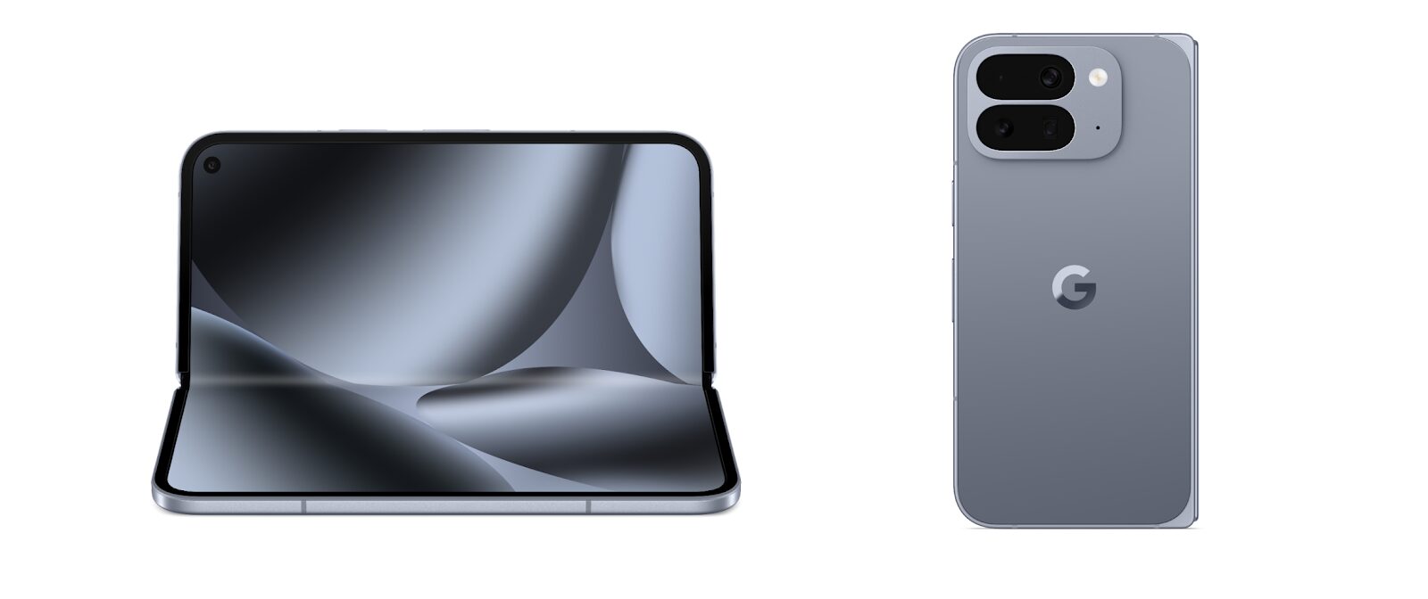Pixel 10 pro fold open on the left and back view, closed, on the right