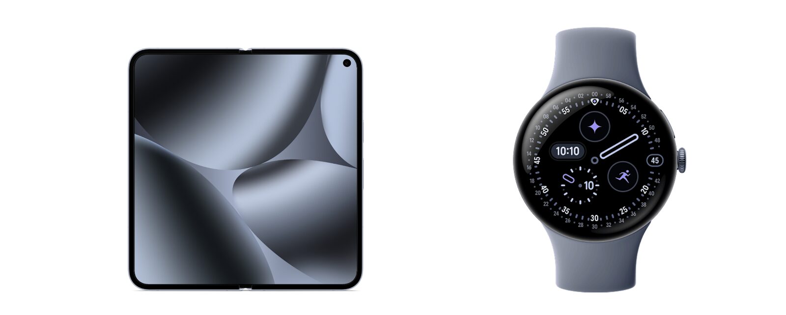open Pixel 10 Fold on the left and Pixel Watch 4 on the right