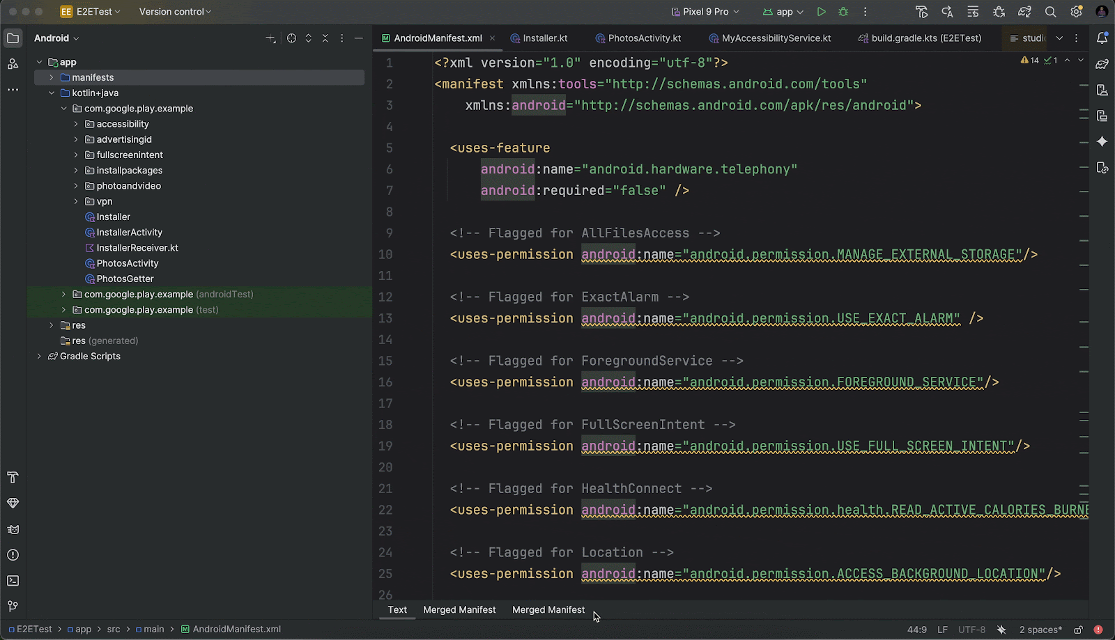 moving image of Play policy insights in Android Studio