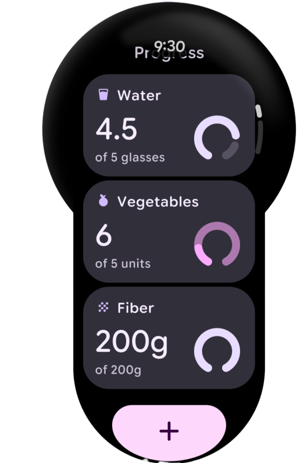 A scrollable app experience on a round, digital watch face showing daily goals for drinking water, vegtable consumption, and fiber intake