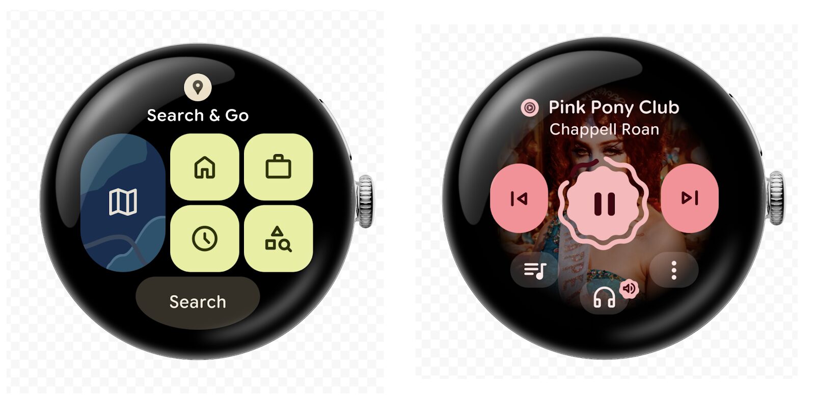 On the left, The tile includes selectable icons in the middle, such as navigating home, and a bottom edge-hugging button that lets you search for a particular destination; on the right A wavy progress bar moves around the play/pause button in the middle of the tile.