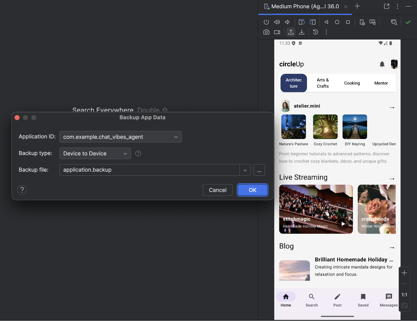 screenshot of backup and restore dialog in Android Studio