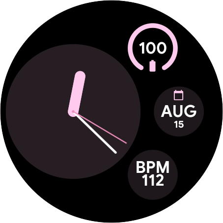 A complications display on a round watch face