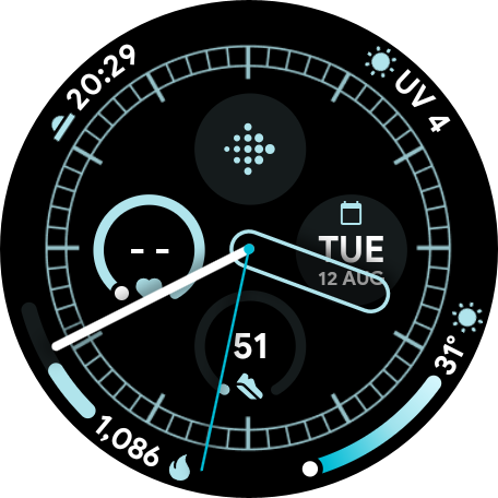 A round, analog Wear OS watch face showing 8 complications