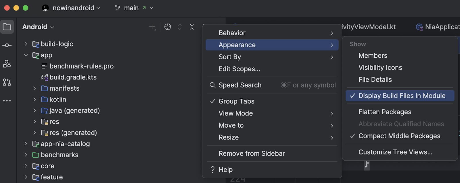 screenshot of option to display build files in module in Android Studio