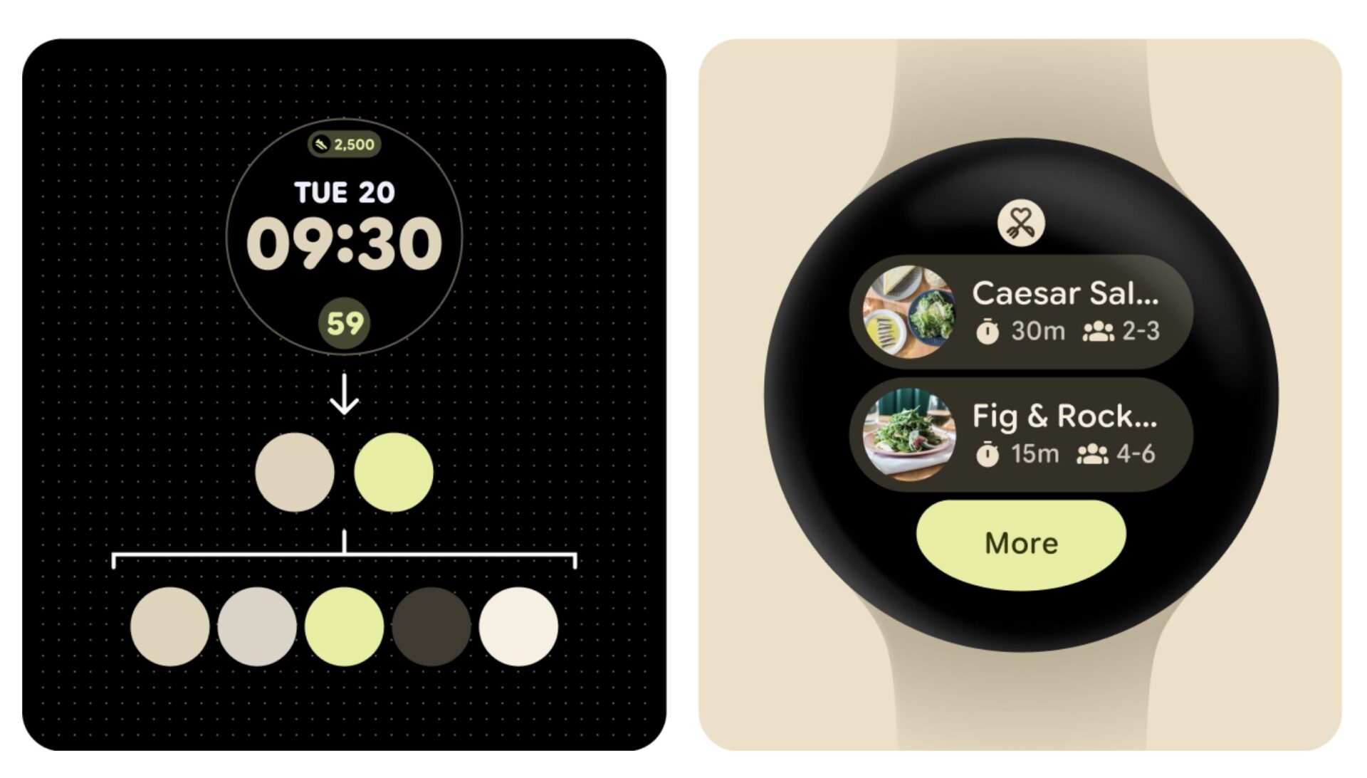 Based on the main colors in the user’s chosen watch face, the design system extracts the 2 most common hues and dynamically chooses several more complementary colors. These colors are applied to the tiles that appear on the user’s watch.