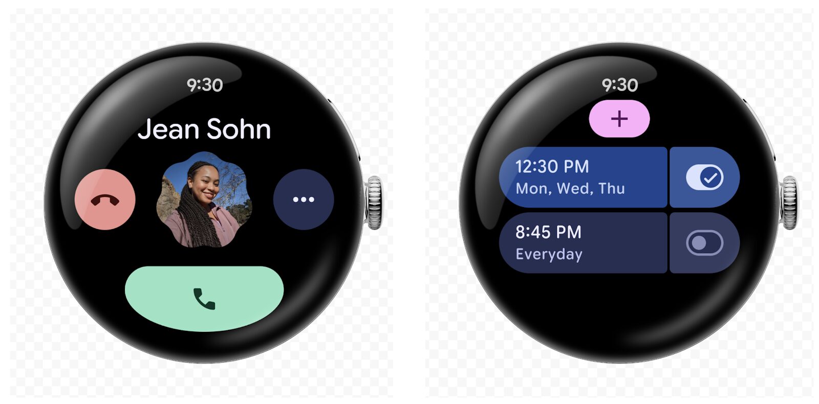 On the left, the accept call button is a bottom edge-hugging button; on the right-hand side of each item in the list, there’s a toggle button to turn a given alarm on and off.