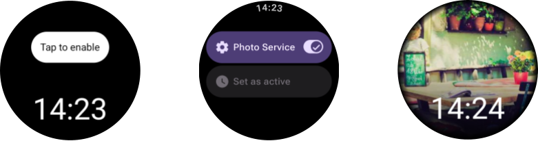 three side-by-side watch faces illistrating the supporting download service from the watch face