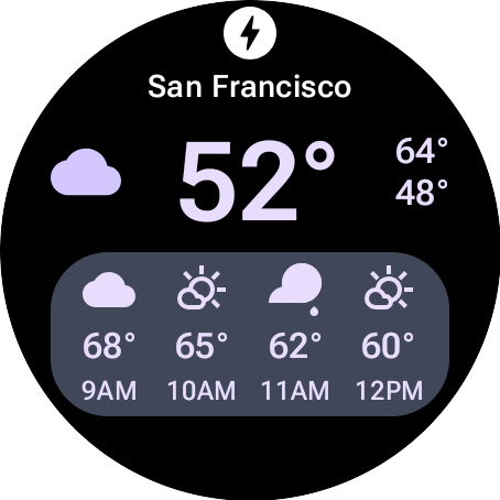 example of an expanded weather tile on a round watch face