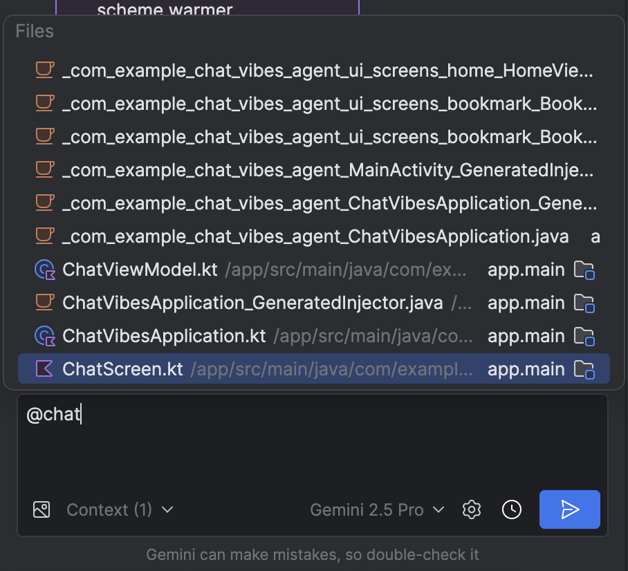 screenshot of evoking @file attachment in Android Studio