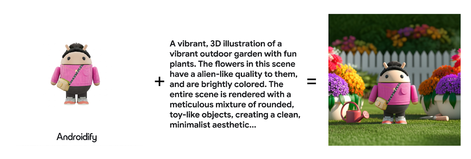 a three-part image showing an Android bot on the left, text prompt in the middle reads A vibrant 3D illustration of a vibrant outdoor garden with fun plants. the flowers in thisscene have an alien-like qulaity to them and are brightly colored. the entire scene is rendered with a meticulous mixture of rounded, toy-like objects, creating a clean, minimalist aesthetic..., and image on the right is the Android bot from the first image stanging in a toy like garen scene surrounded by brightly colored flowers. A whitre picket fence is in the background, and a red watering can sits on the ground next to the driod bot