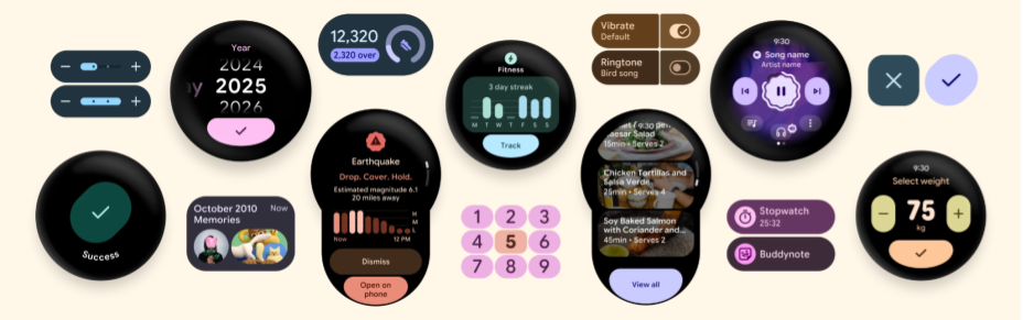 A gallery of Wear OS screens that demonstrate Material 3 Expressive, including a curved edge button, a wavy progress circle, and different shapes for “cancel” and “confirm” buttons.