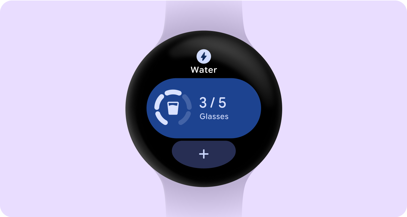 The middle part of the tile shows information about the current number of glasses of water having been consumed today, and the bottom part includes a button that lets users add another glass.