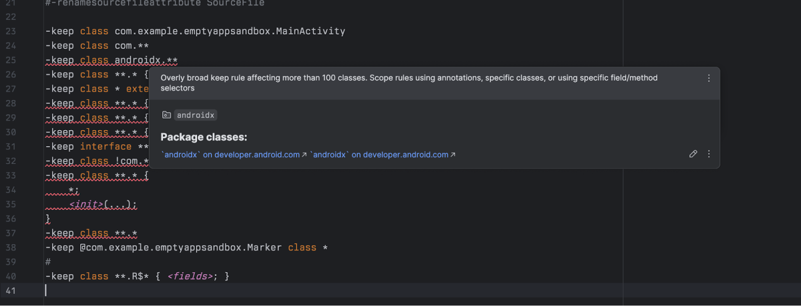 screenshot of proguard inspections example in Android Studio