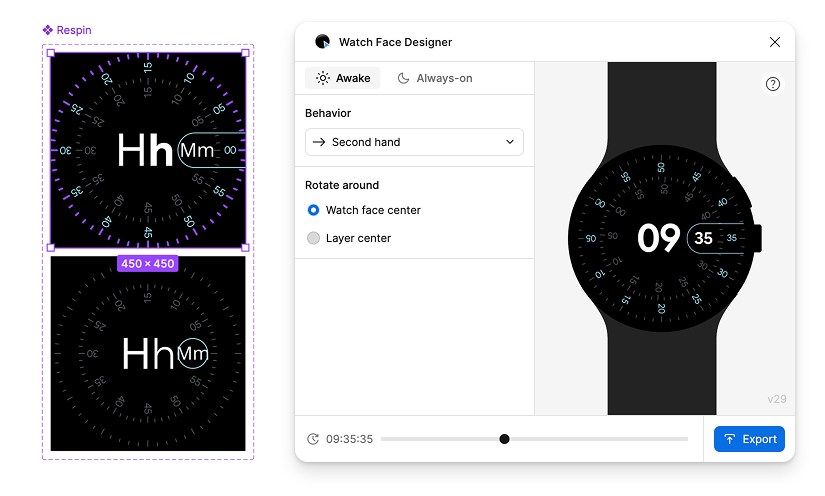 screenshot showing a recreation of the Concentric watch face alongside the Watch Face Designer UI